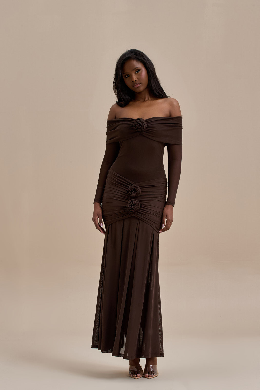 fitted lace wedding dress VIVIENNE BARDOT MAXI DRESS | CHOCOLATE