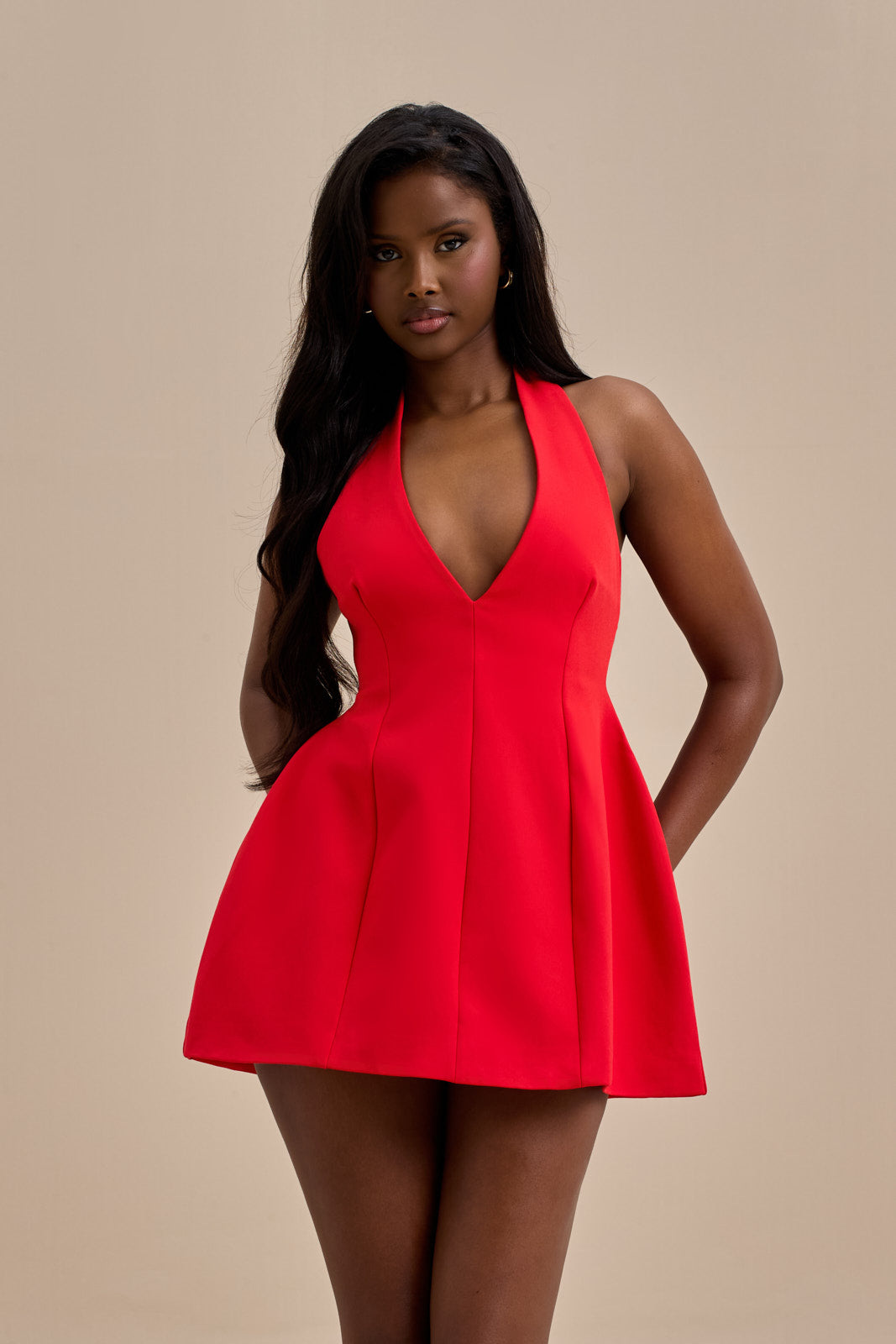 knee length dresses for ladies Sofija Slinky Jersey Ruched Halterneck Mini Dress in Wine Red main image 0