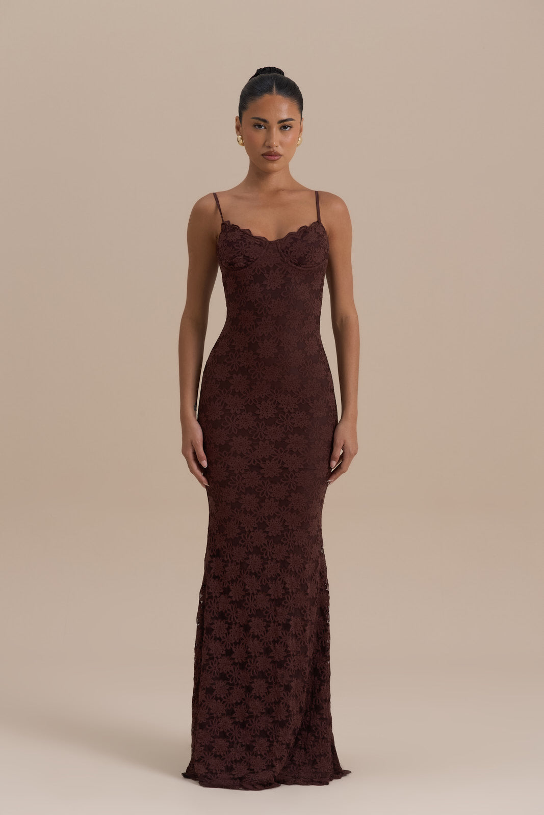brown lace dress LEAH LACE MAXI DRESS
