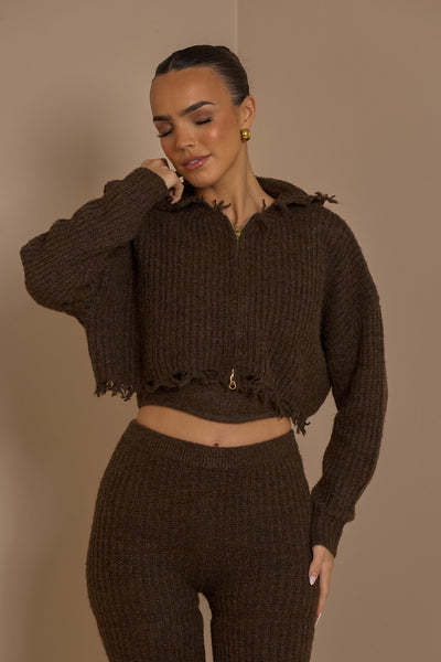 ROMI CROPPED KNIT JACKET IN CHOCOLATE
