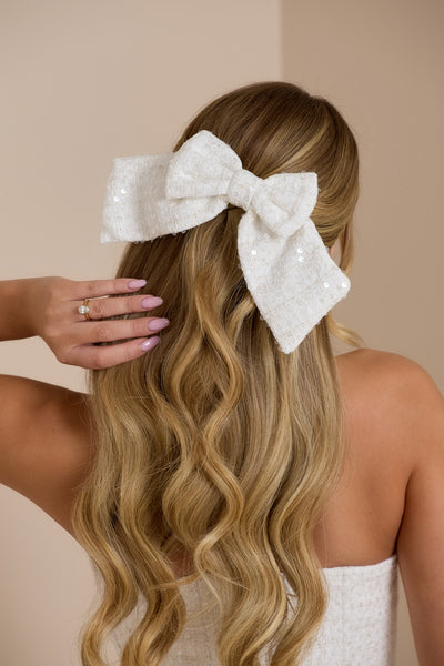 BOW CLIP | WHITE GLOSS TWEED
