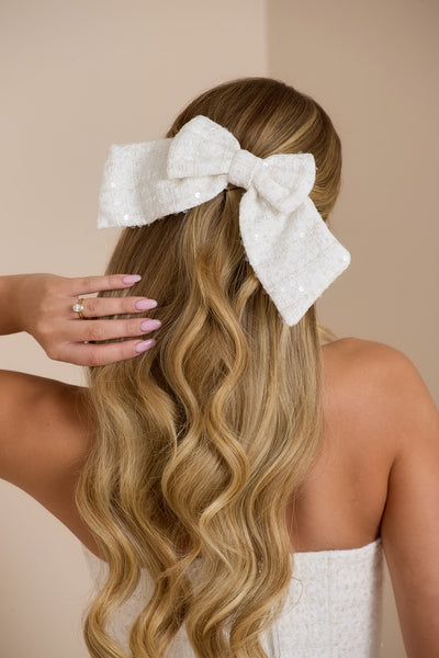 BOW CLIP | WHITE GLOSS TWEED