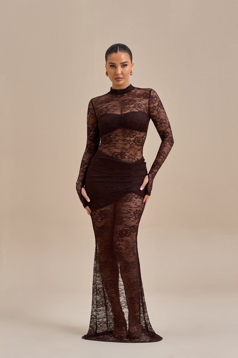 BRITNEY LACE MAXI SKIRT | CHOCOLATE