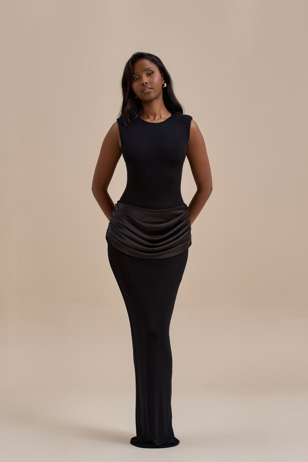 EMAN SLEEVELESS MAXI DRESS WITH SATIN DRAPED WAIST DETAIL | BLACK