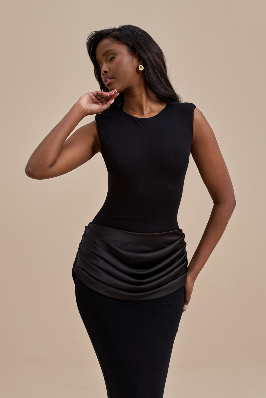 EMAN SLEEVELESS MAXI DRESS WITH SATIN DRAPED WAIST DETAIL | BLACK