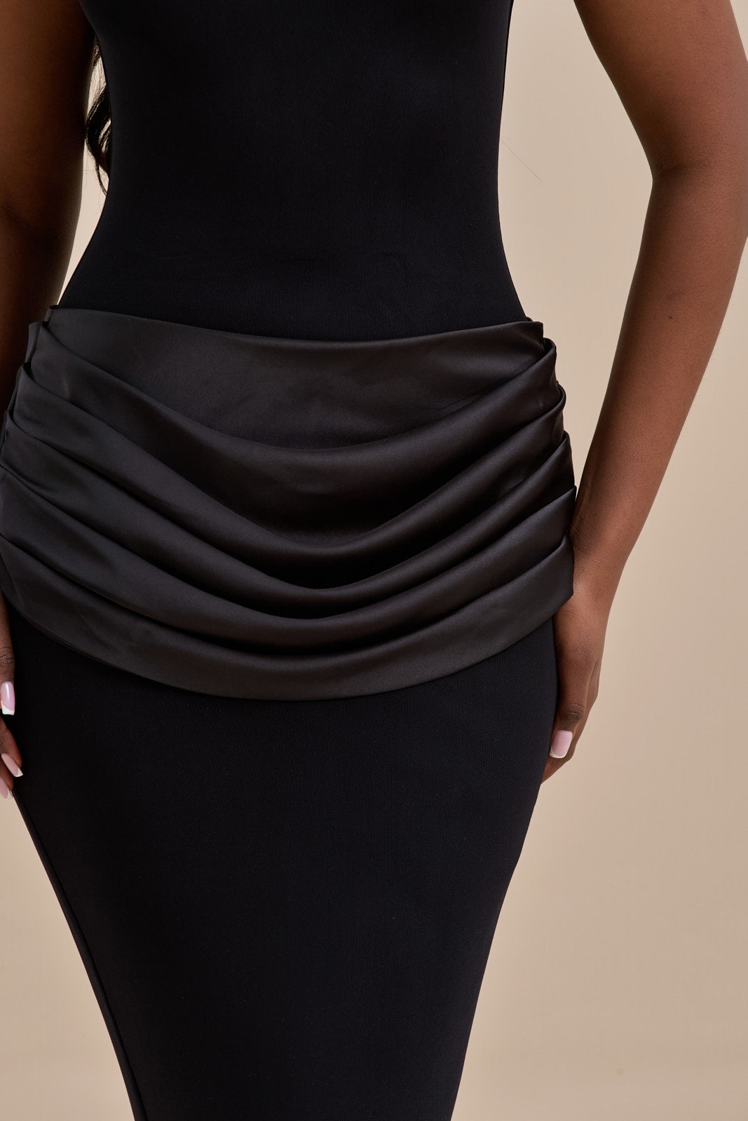 EMAN SLEEVELESS MAXI DRESS WITH SATIN DRAPED WAIST DETAIL | BLACK