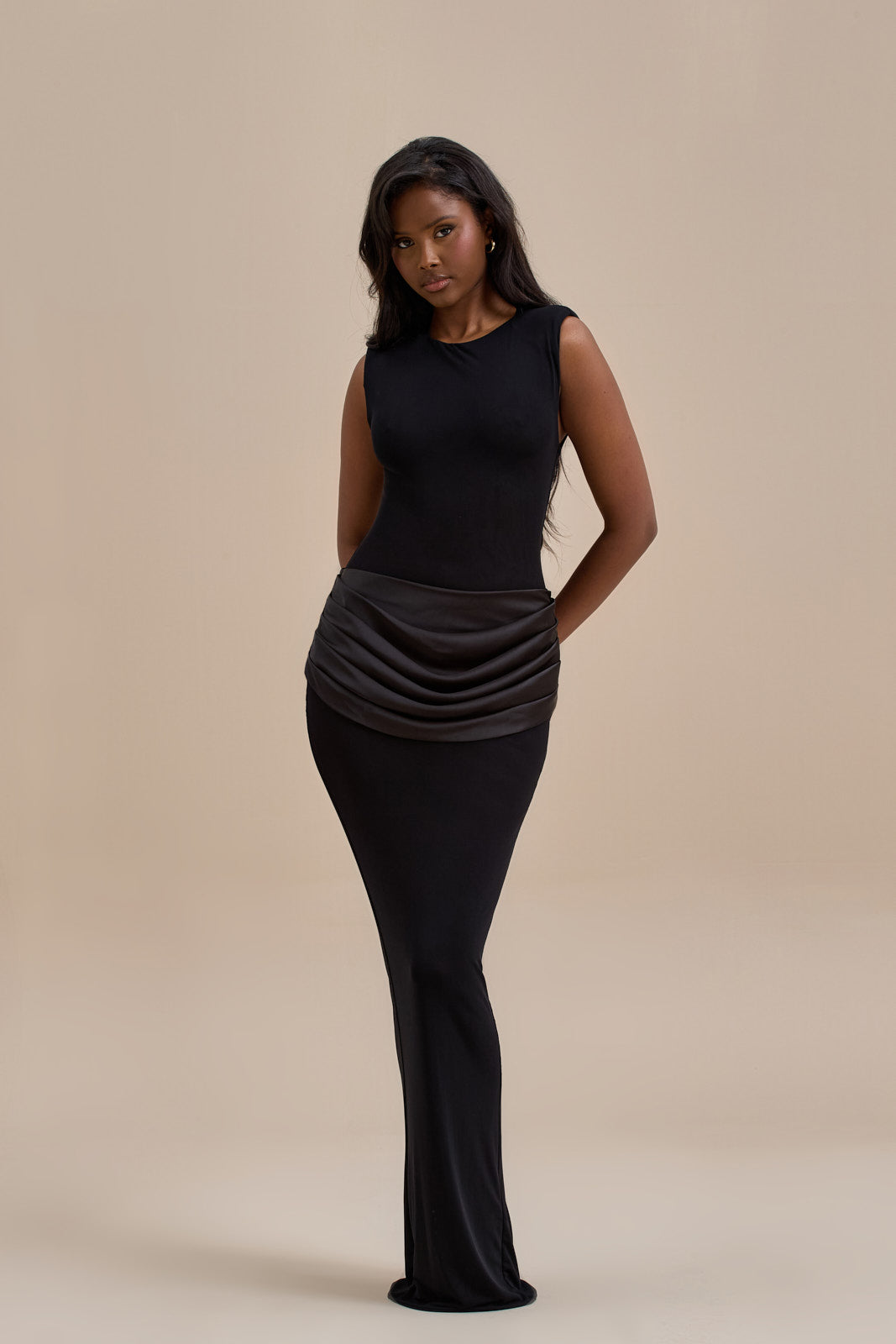 EMAN SLEEVELESS MAXI DRESS WITH SATIN DRAPED WAIST DETAIL | BLACK