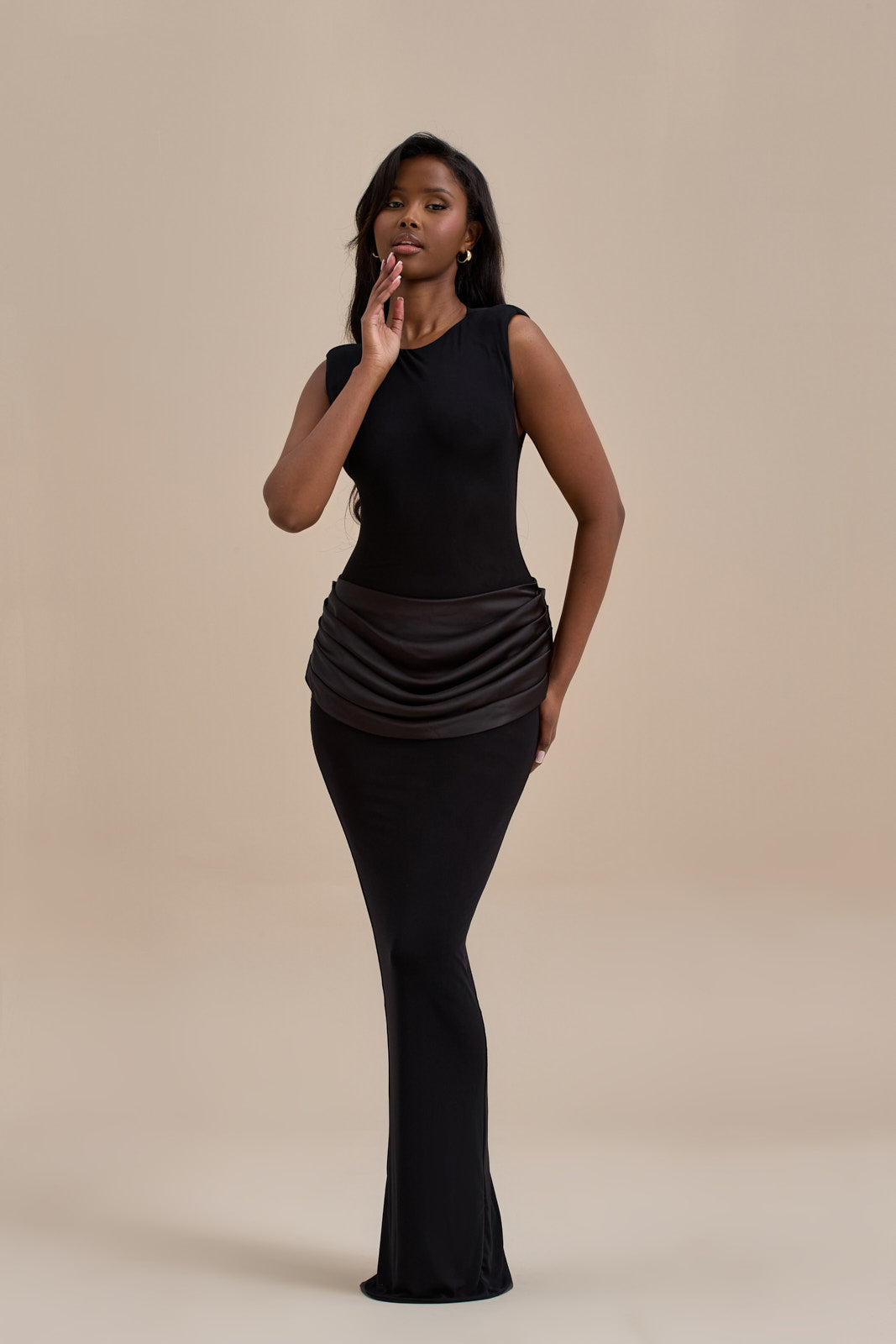 EMAN SLEEVELESS MAXI DRESS WITH SATIN DRAPED WAIST DETAIL | BLACK