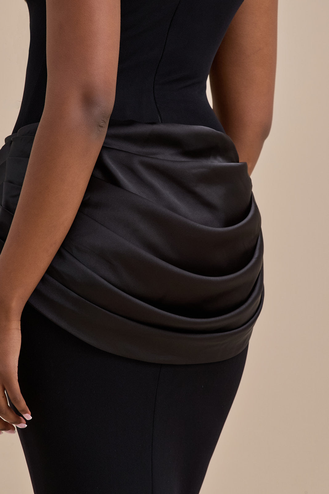 EMAN SLEEVELESS MAXI DRESS WITH SATIN DRAPED WAIST DETAIL | BLACK