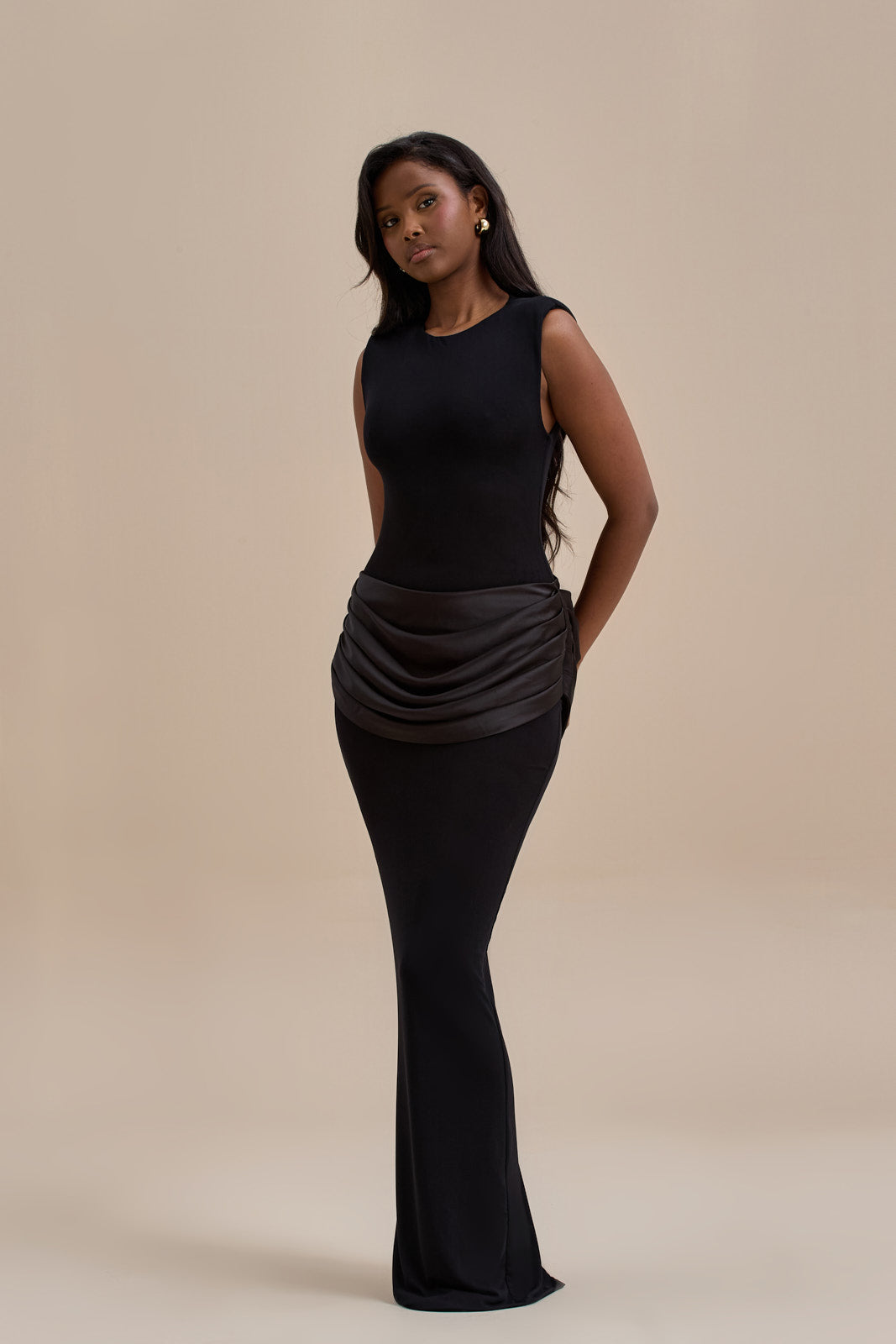 EMAN SLEEVELESS MAXI DRESS WITH SATIN DRAPED WAIST DETAIL | BLACK