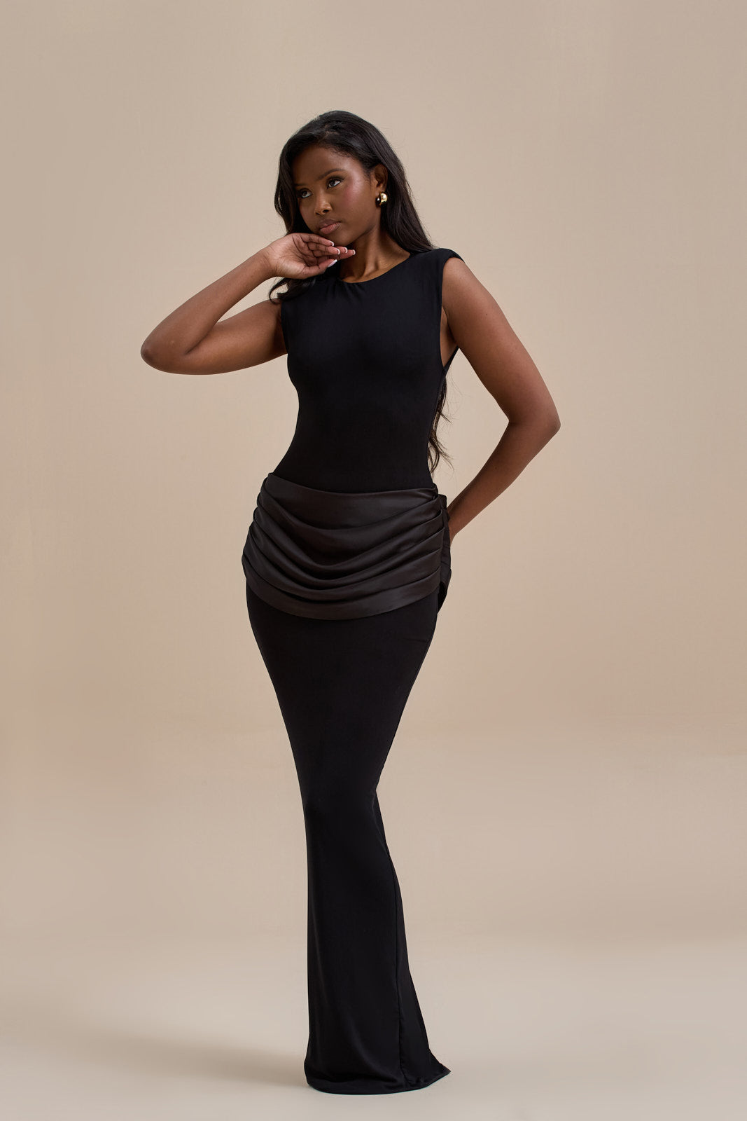 EMAN SLEEVELESS MAXI DRESS WITH SATIN DRAPED WAIST DETAIL | BLACK