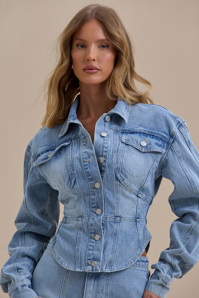 ALIX BUTTON UP CORSET JACKET | MID WASH DENIM