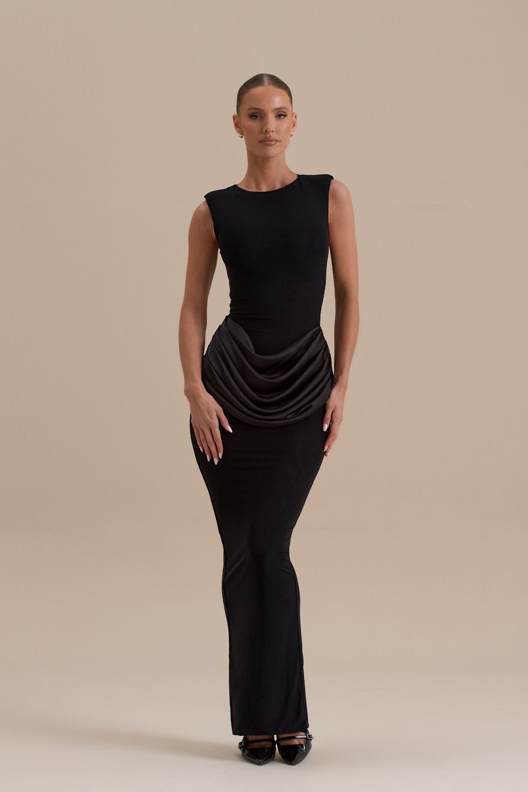 EMAN SLEEVELESS MAXI DRESS WITH SATIN DRAPED WAIST DETAIL | BLACK
