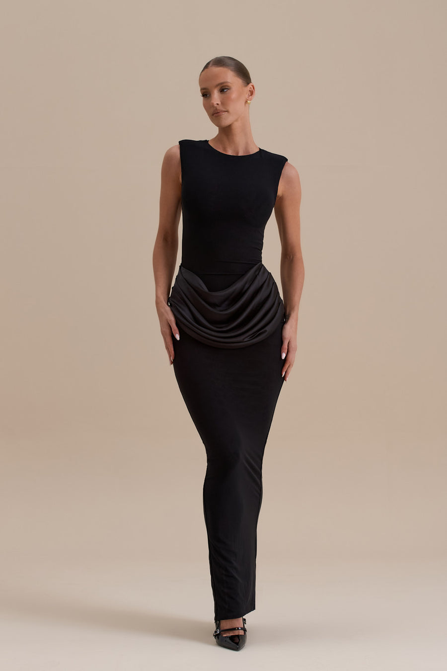 EMAN SLEEVELESS MAXI DRESS WITH SATIN DRAPED WAIST DETAIL | BLACK