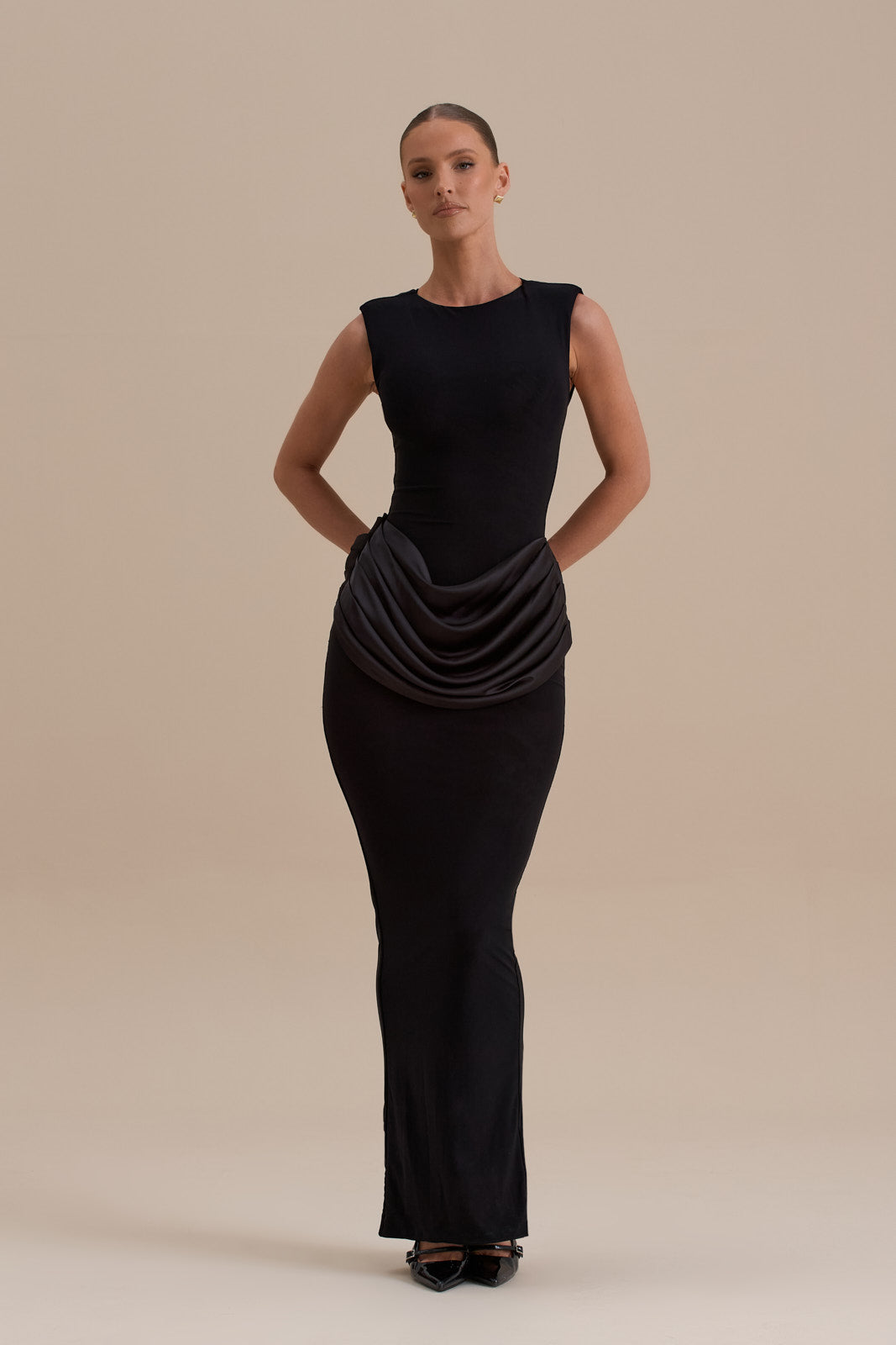 EMAN SLEEVELESS MAXI DRESS WITH SATIN DRAPED WAIST DETAIL | BLACK