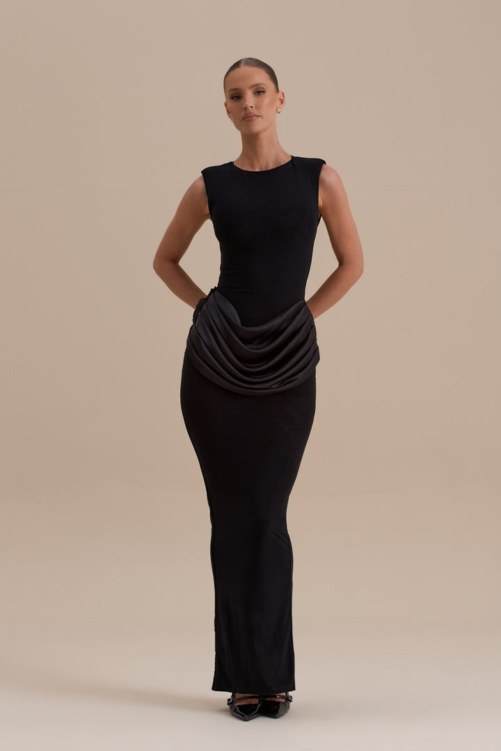 white christmas dresses EMAN SLEEVELESS MAXI DRESS WITH SATIN DRAPED WAIST DETAIL