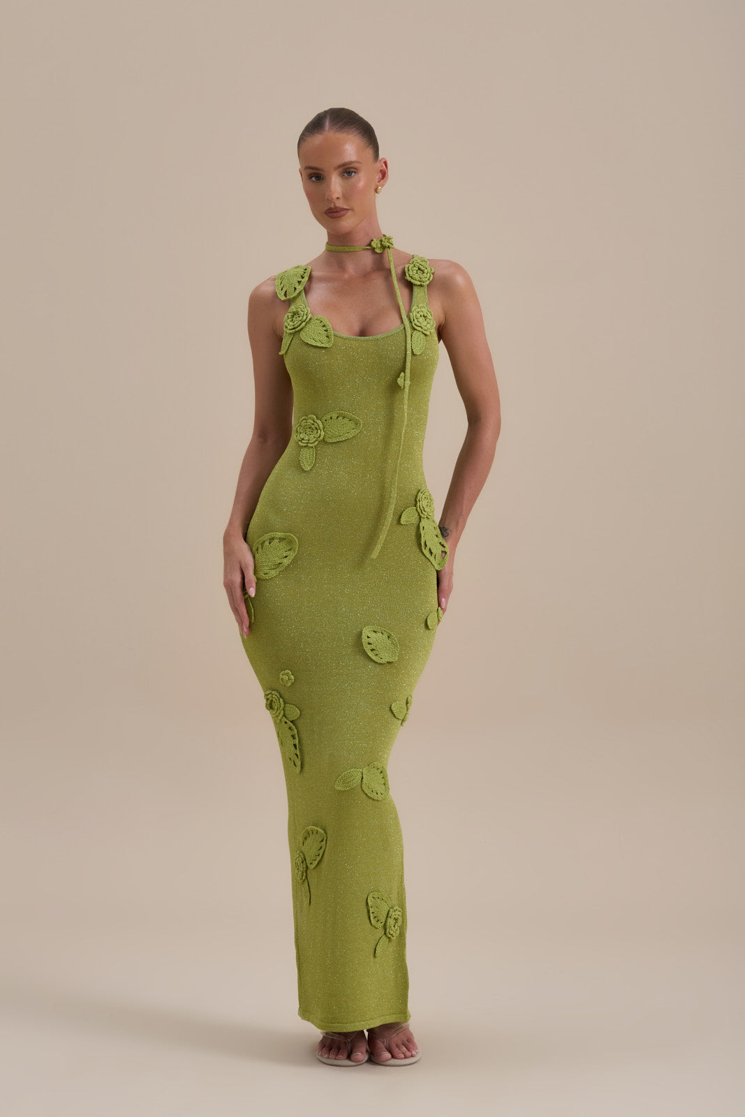 EDEN KNITTED MAXI DRESS WITH FLORAL APPLIQUÉ | LIME SPARKLE