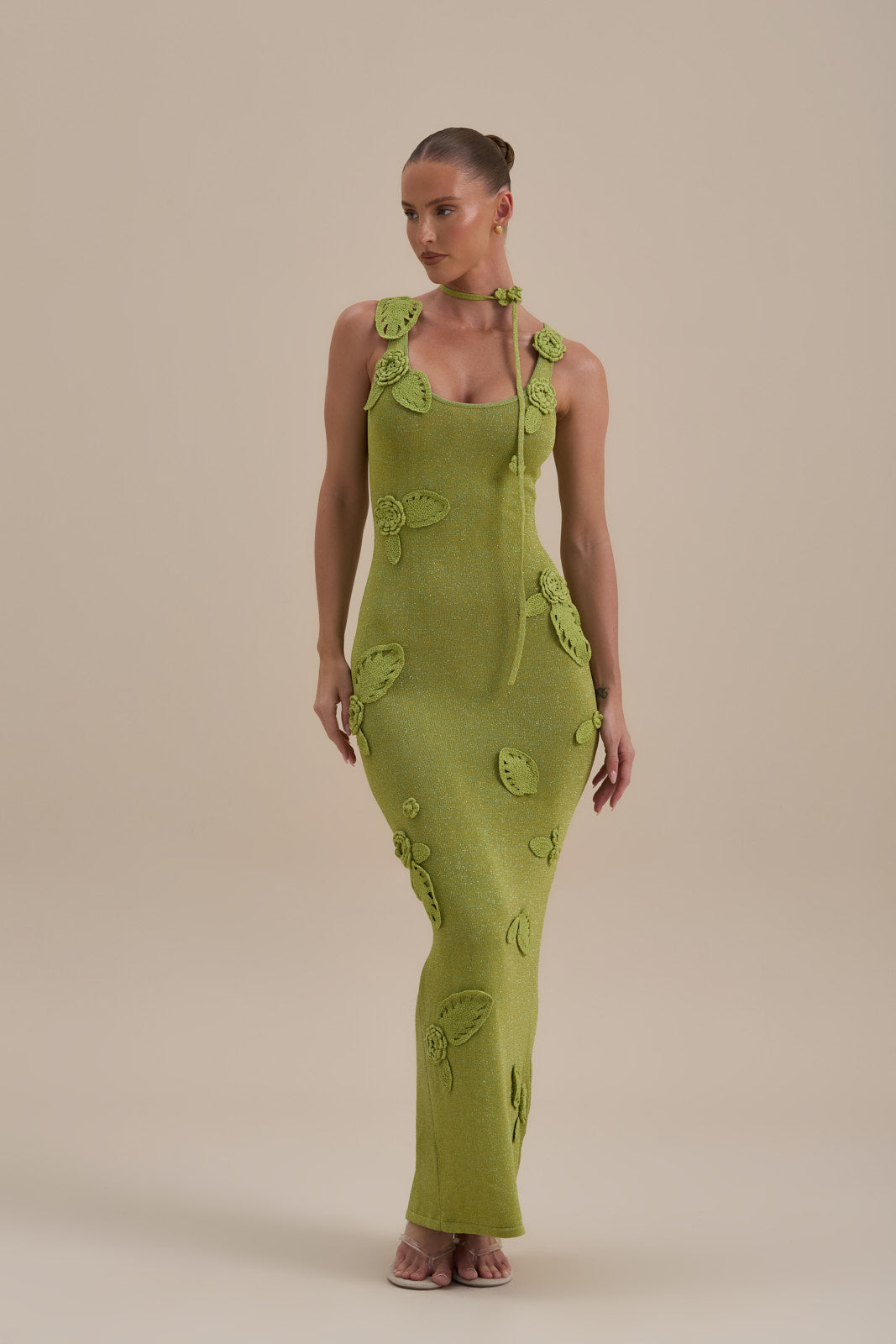 EDEN KNITTED MAXI DRESS WITH FLORAL APPLIQUÉ | LIME SPARKLE