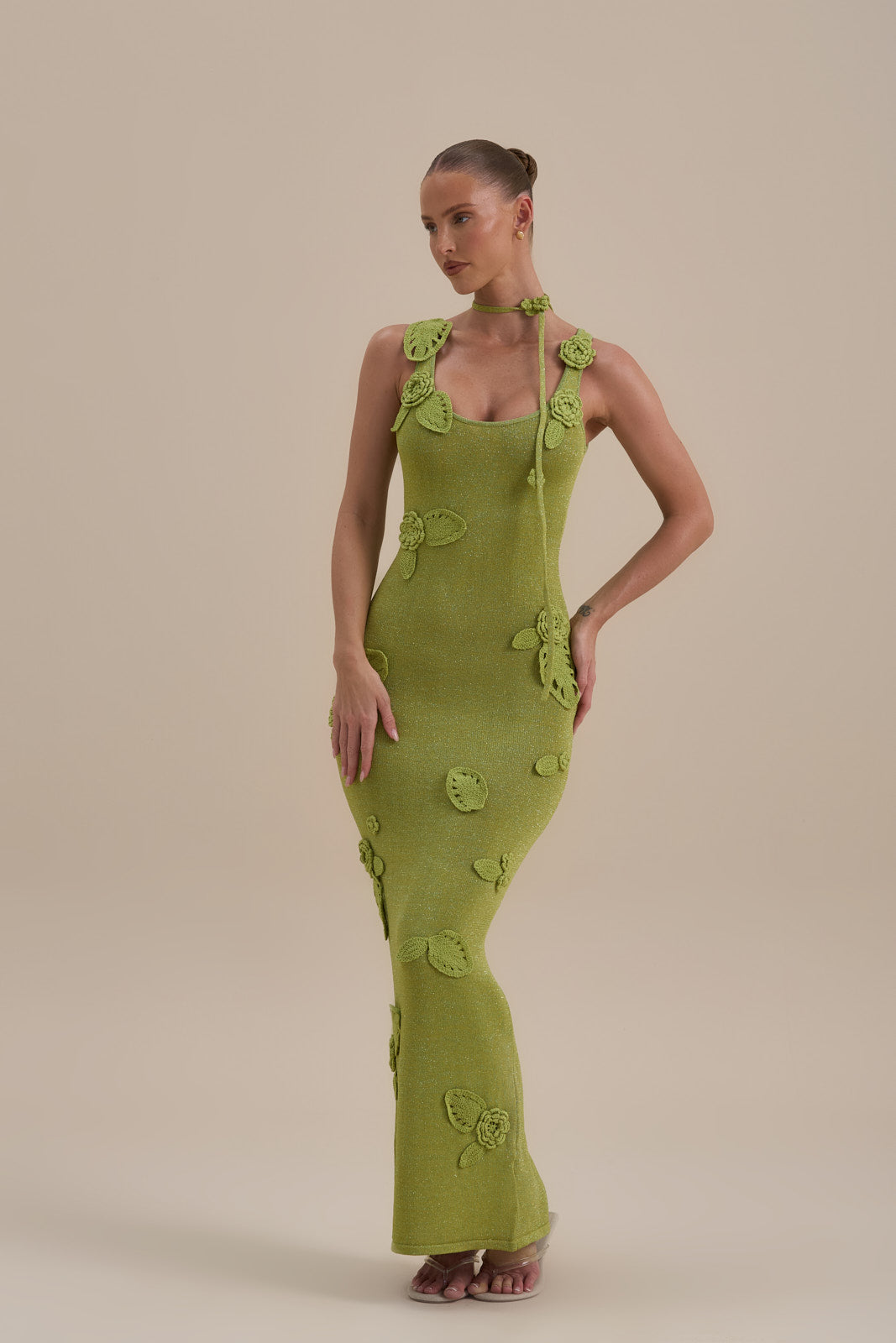 EDEN KNITTED MAXI DRESS WITH FLORAL APPLIQUÉ | LIME SPARKLE