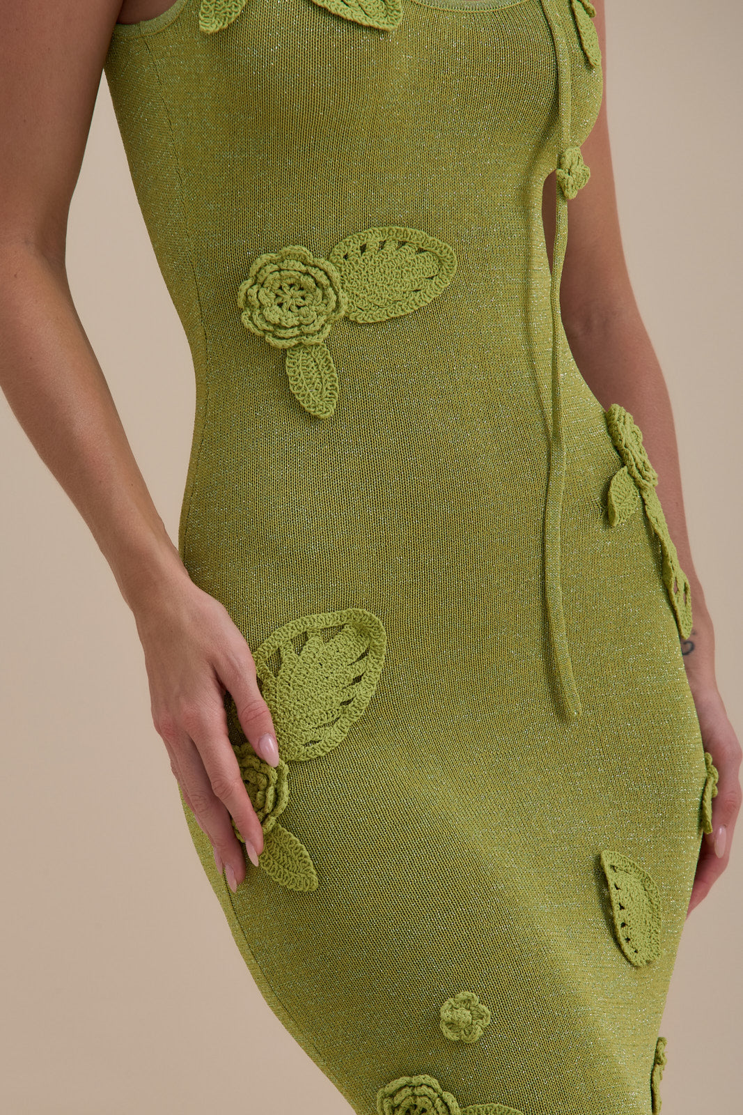 EDEN KNITTED MAXI DRESS WITH FLORAL APPLIQUÉ | LIME SPARKLE