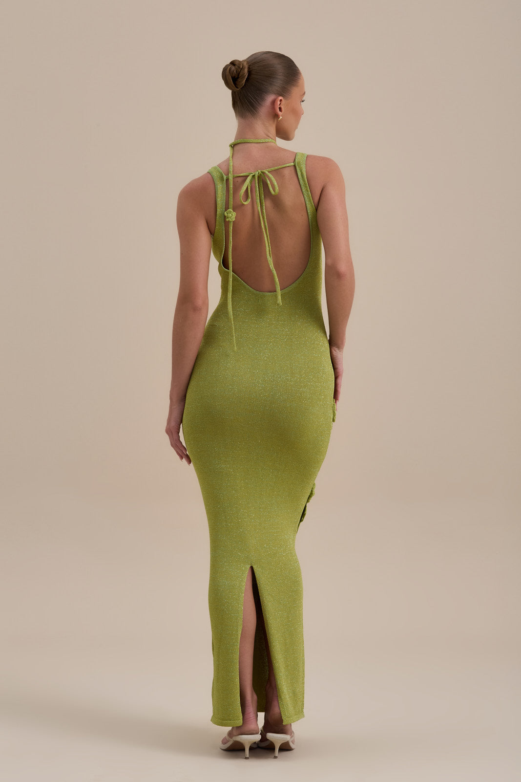EDEN KNITTED MAXI DRESS WITH FLORAL APPLIQUÉ | LIME SPARKLE