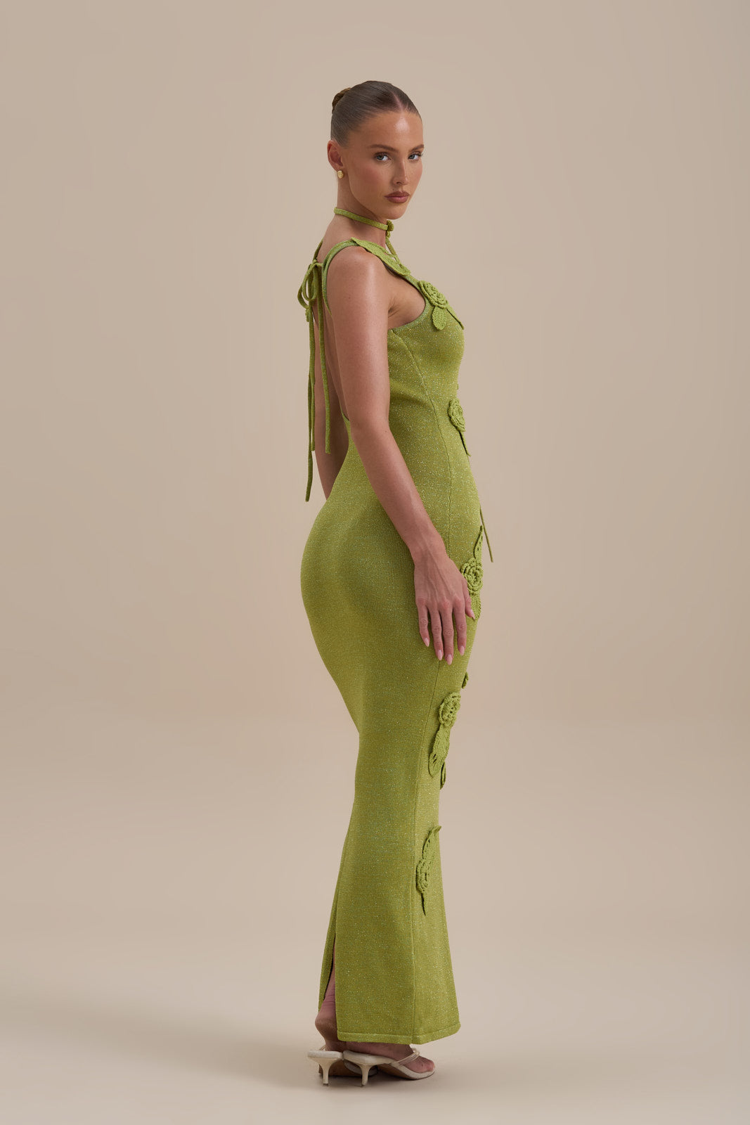EDEN KNITTED MAXI DRESS WITH FLORAL APPLIQUÉ | LIME SPARKLE