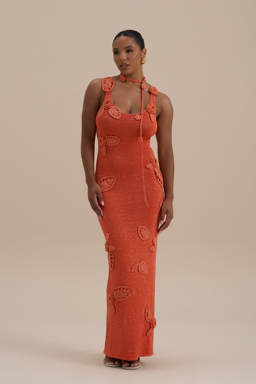 EDEN KNITTED MAXI DRESS WITH FLORAL APPLIQUÉ | ORANGE