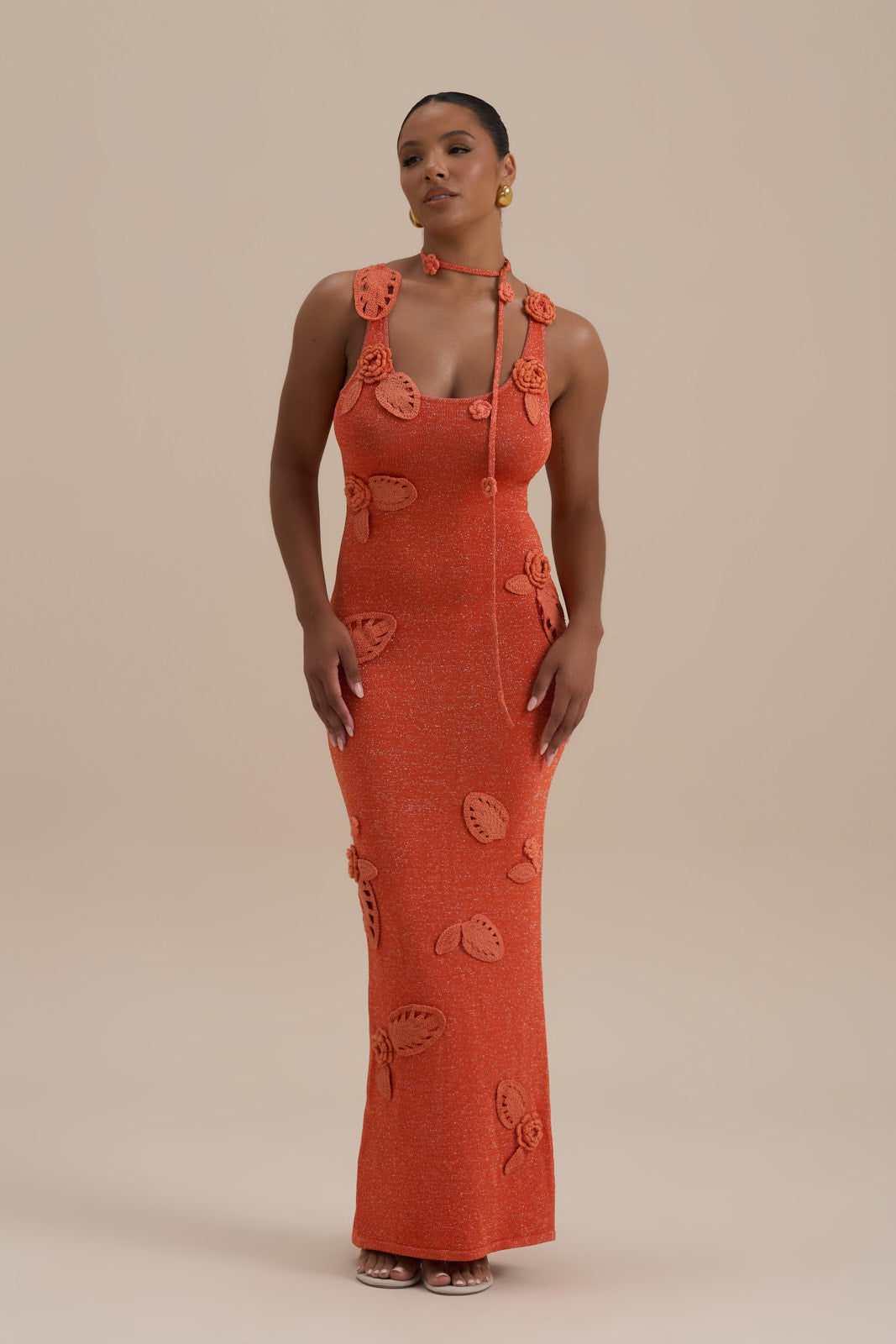 EDEN KNITTED MAXI DRESS WITH FLORAL APPLIQUÉ | ORANGE