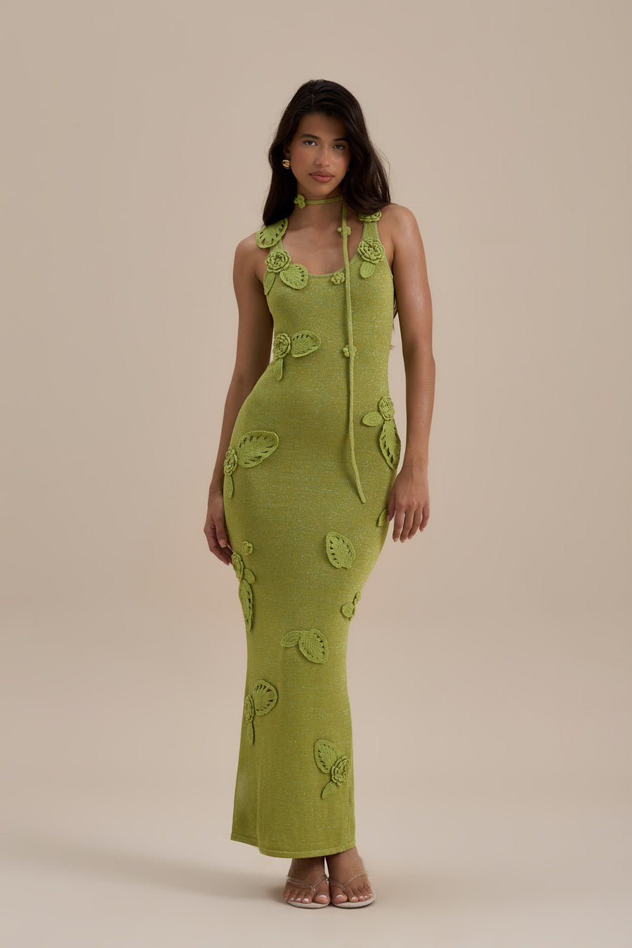 EDEN KNITTED MAXI DRESS WITH FLORAL APPLIQUÉ | LIME SPARKLE