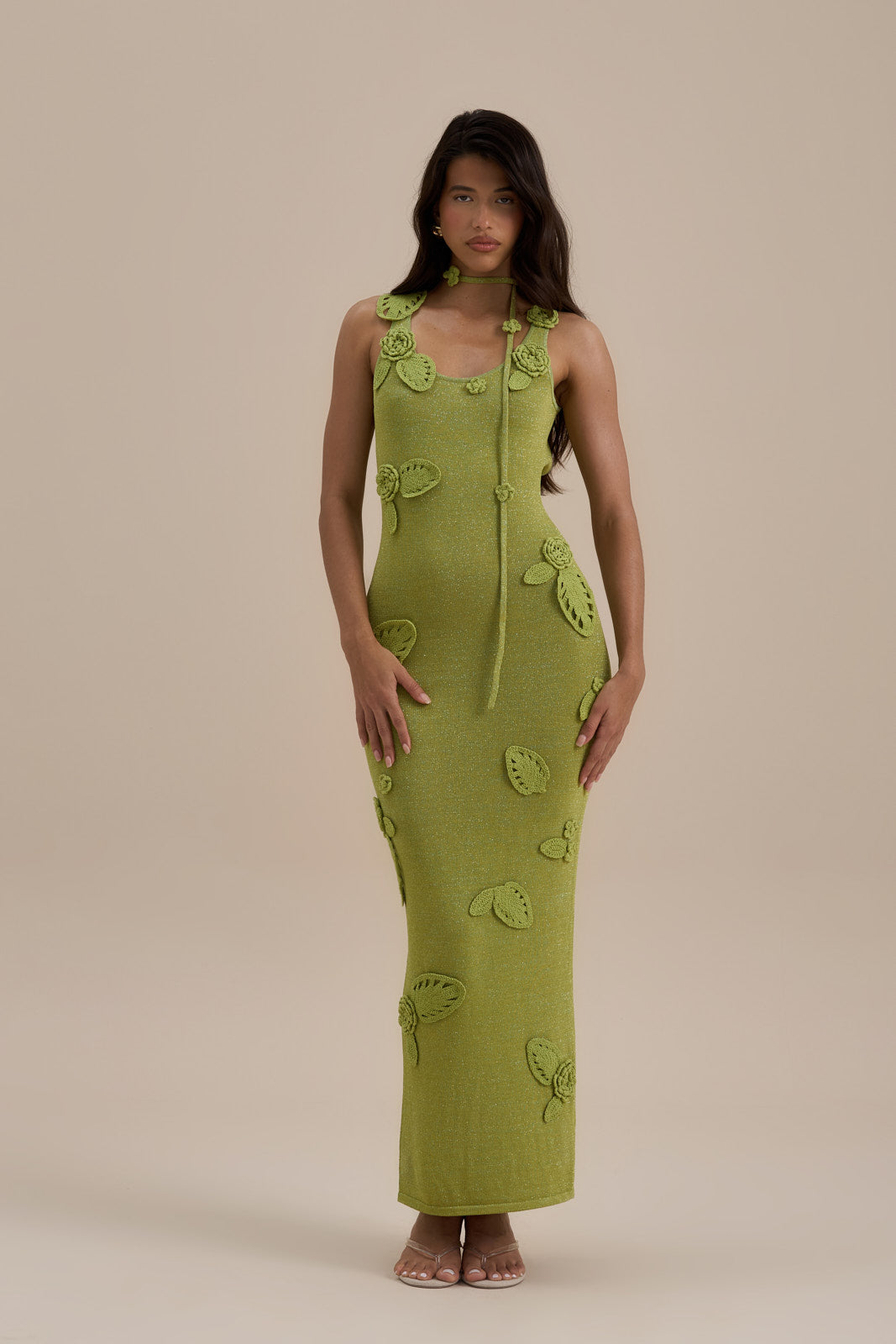 EDEN KNITTED MAXI DRESS WITH FLORAL APPLIQUÉ | LIME SPARKLE