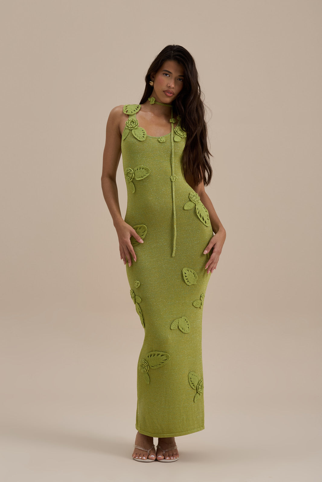 EDEN KNITTED MAXI DRESS WITH FLORAL APPLIQUÉ | LIME SPARKLE