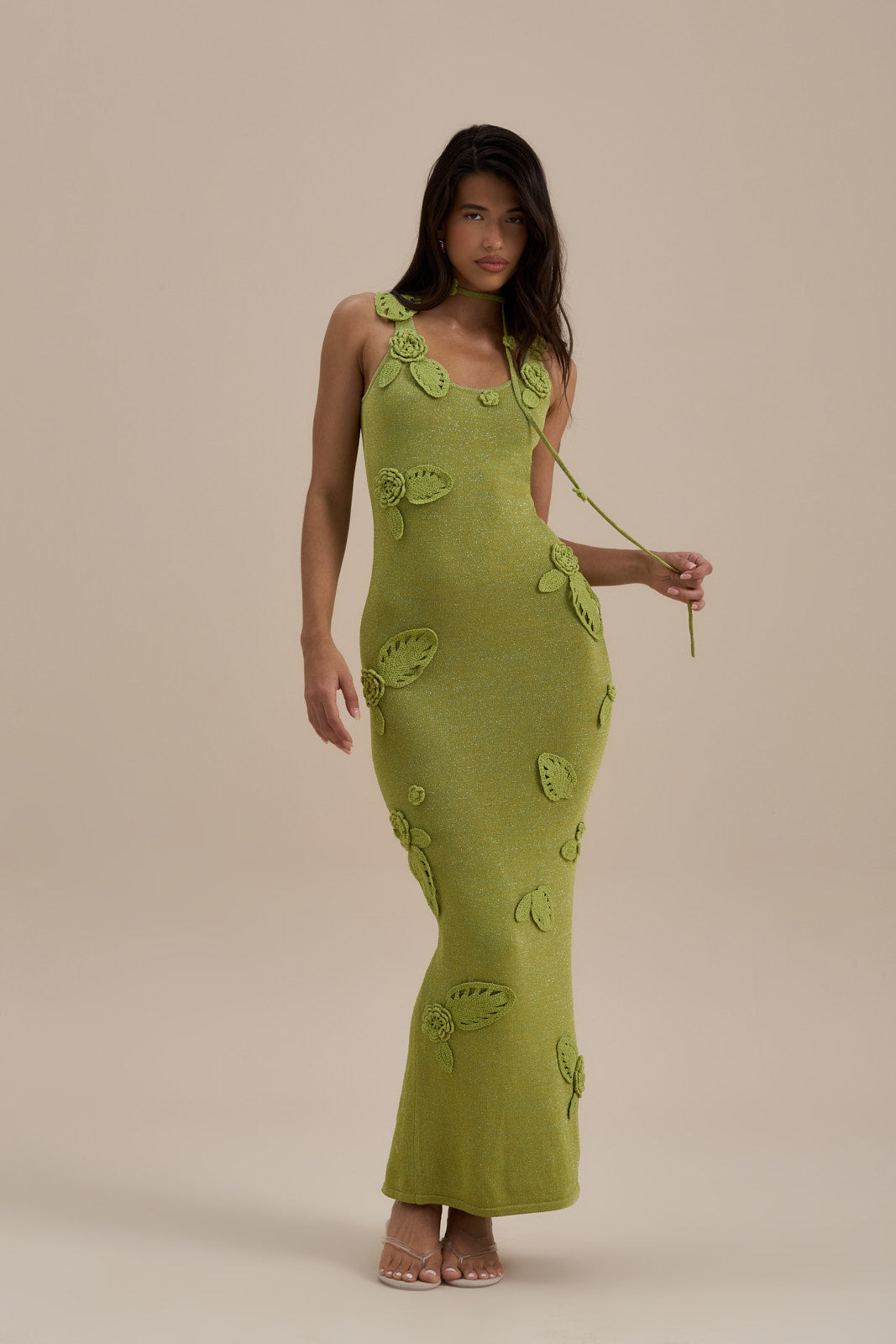 EDEN KNITTED MAXI DRESS WITH FLORAL APPLIQUÉ | LIME SPARKLE