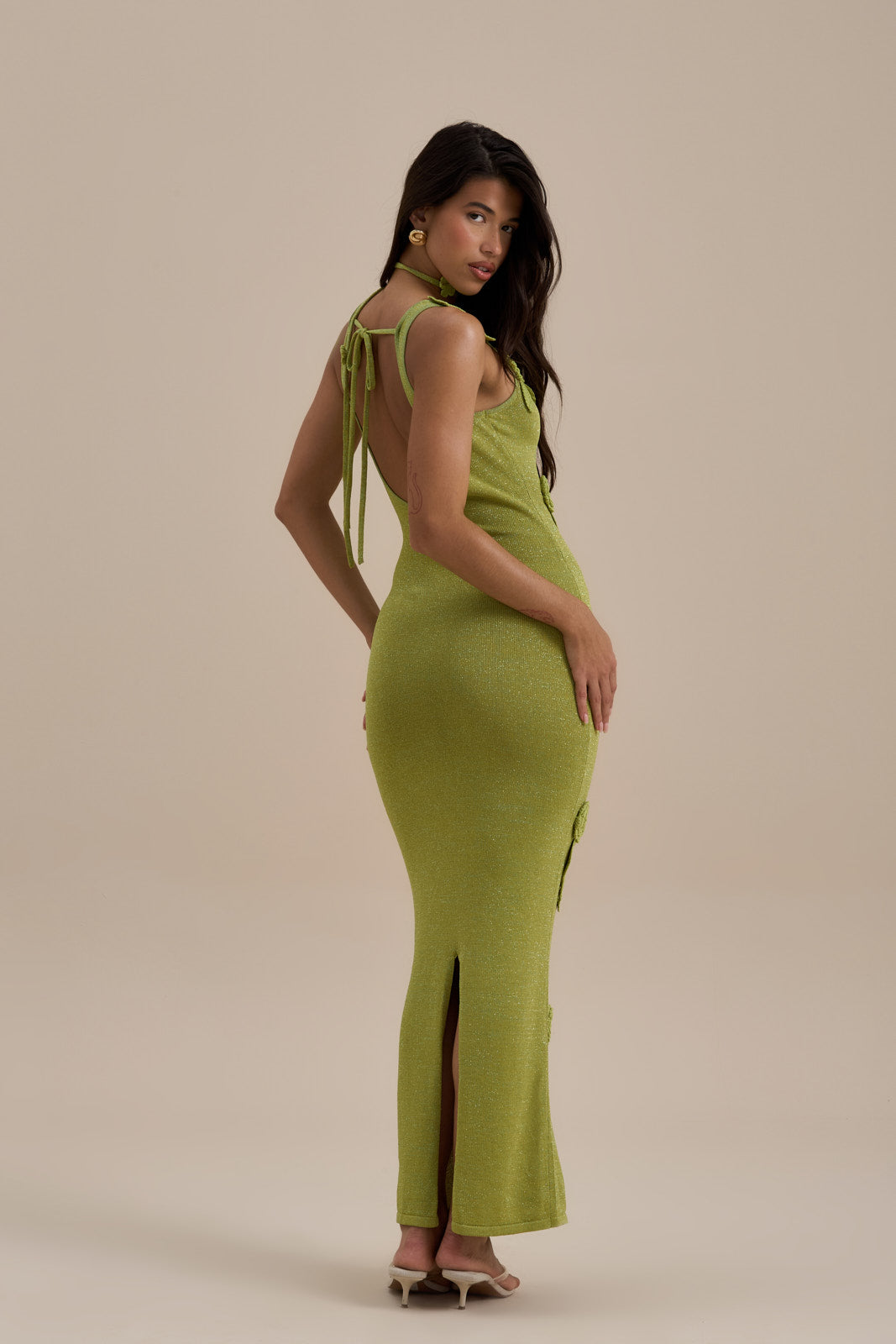EDEN KNITTED MAXI DRESS WITH FLORAL APPLIQUÉ | LIME SPARKLE