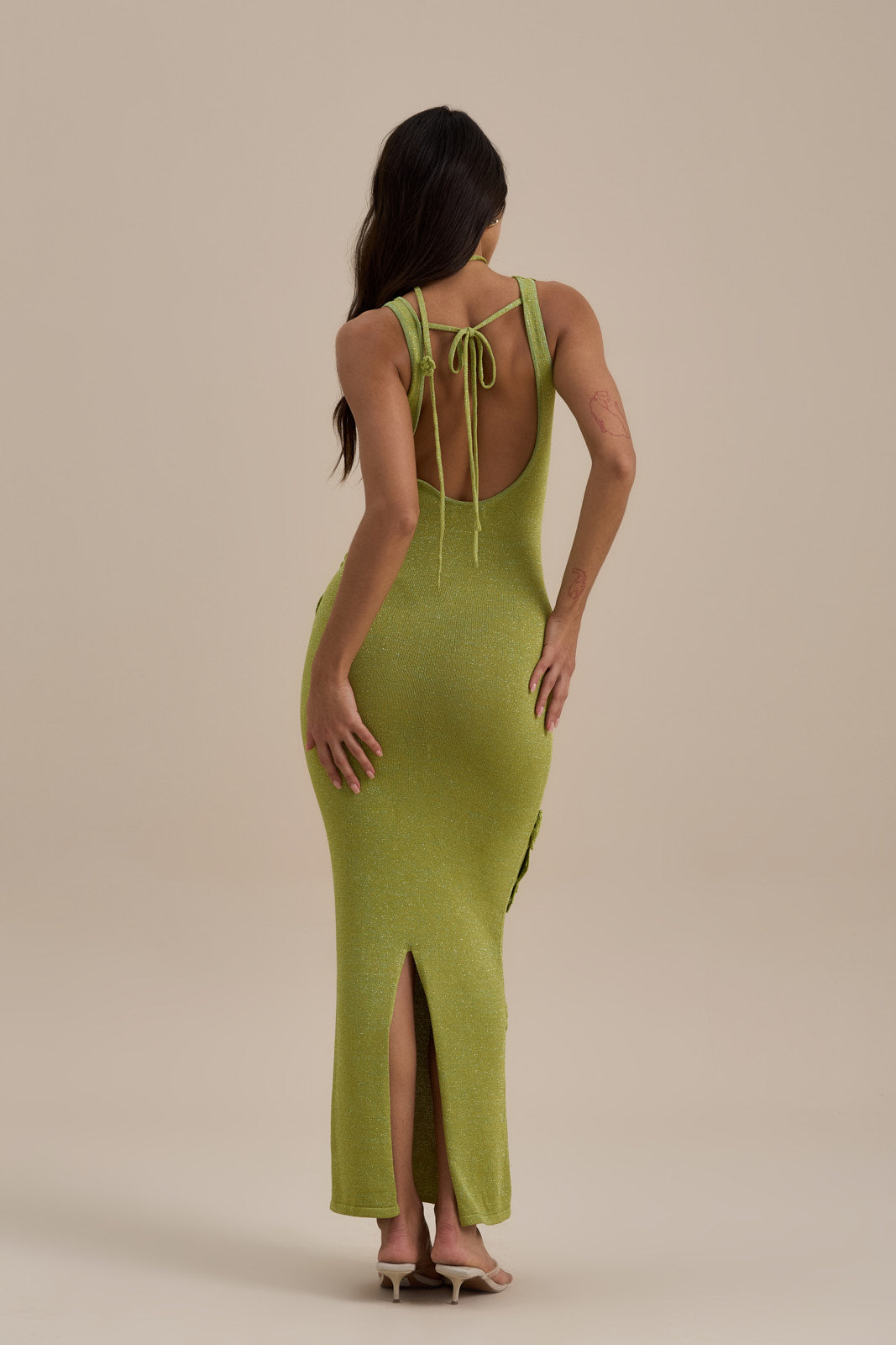 EDEN KNITTED MAXI DRESS WITH FLORAL APPLIQUÉ | LIME SPARKLE