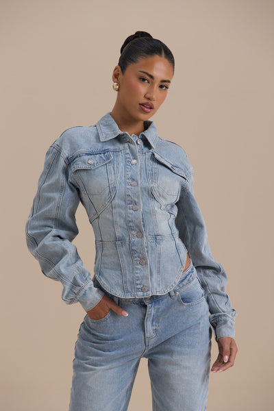 ALIX BUTTON UP CORSET JACKET | MID WASH DENIM