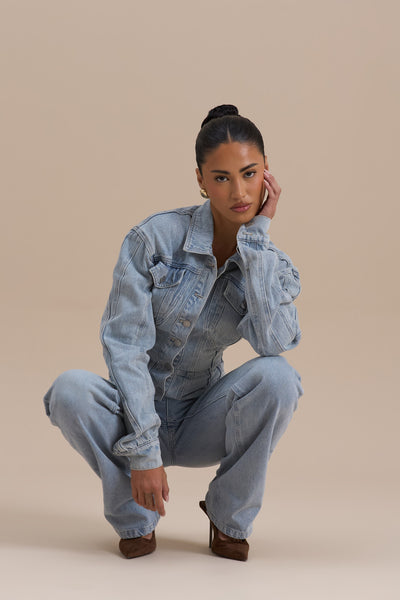ALIX BUTTON UP CORSET JACKET | MID WASH DENIM