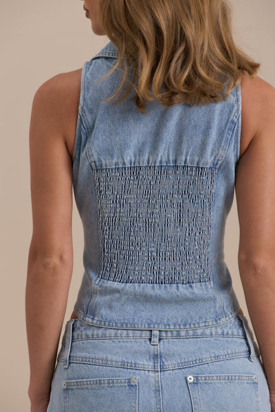 KENNY HALTER NECK TOP | MID WASH DENIM