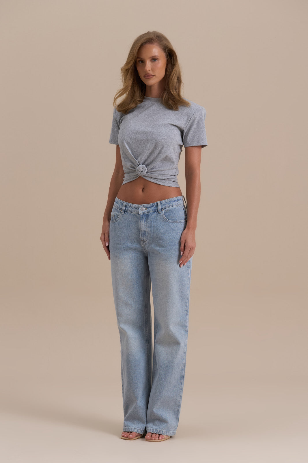 Model wearing Grey Knot So Basic T-shirt, relaxed fit with front knot detail - Wanderdoll