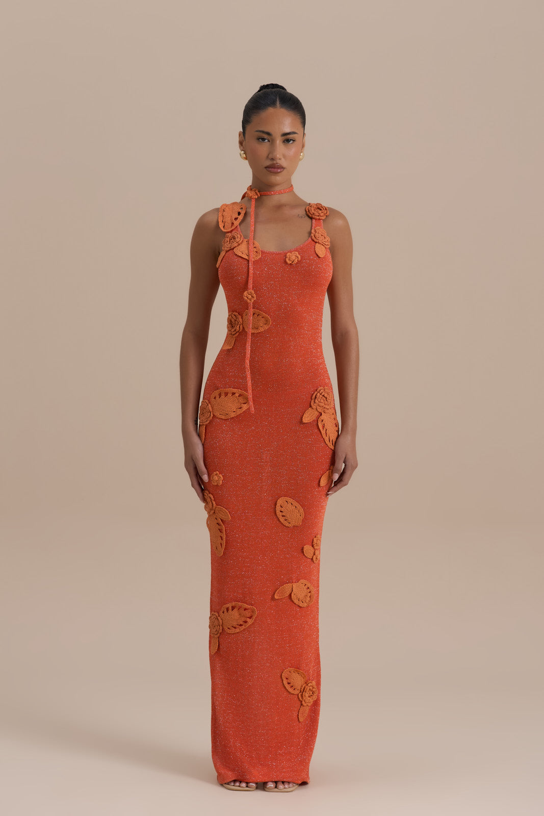 EDEN KNITTED MAXI DRESS WITH FLORAL APPLIQUÉ | ORANGE