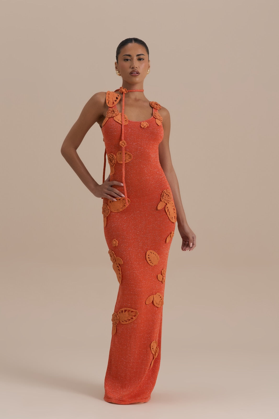 EDEN KNITTED MAXI DRESS WITH FLORAL APPLIQUÉ | ORANGE