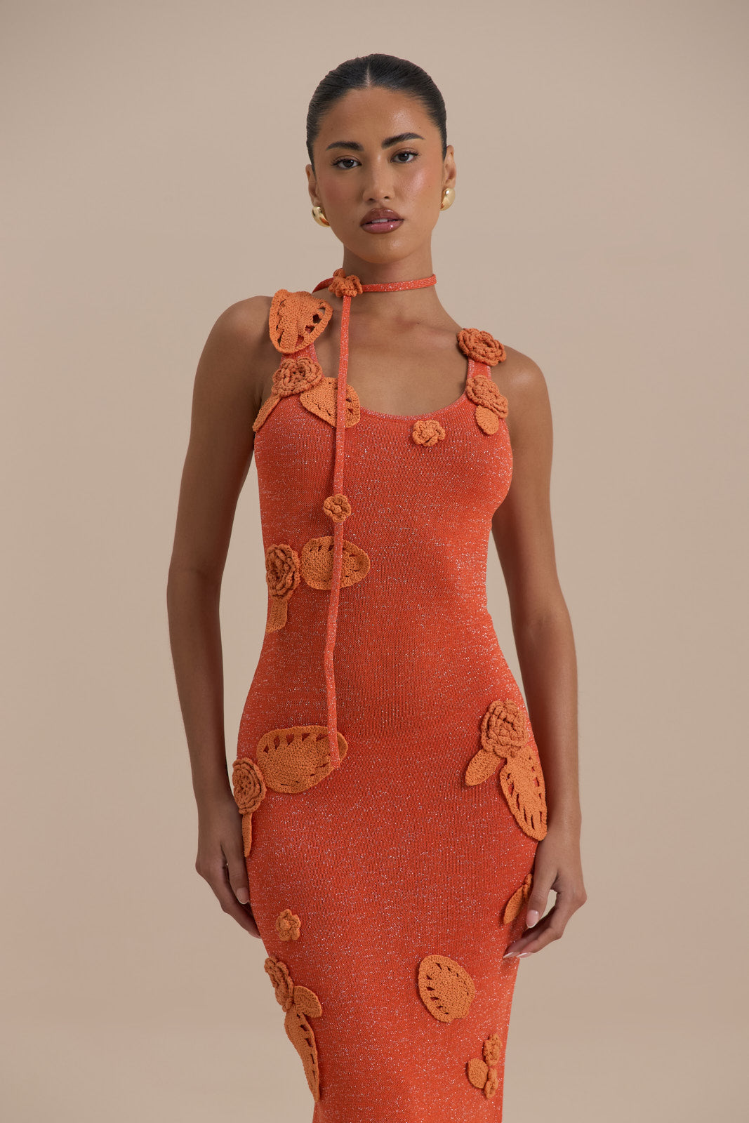 EDEN KNITTED MAXI DRESS WITH FLORAL APPLIQUÉ | ORANGE