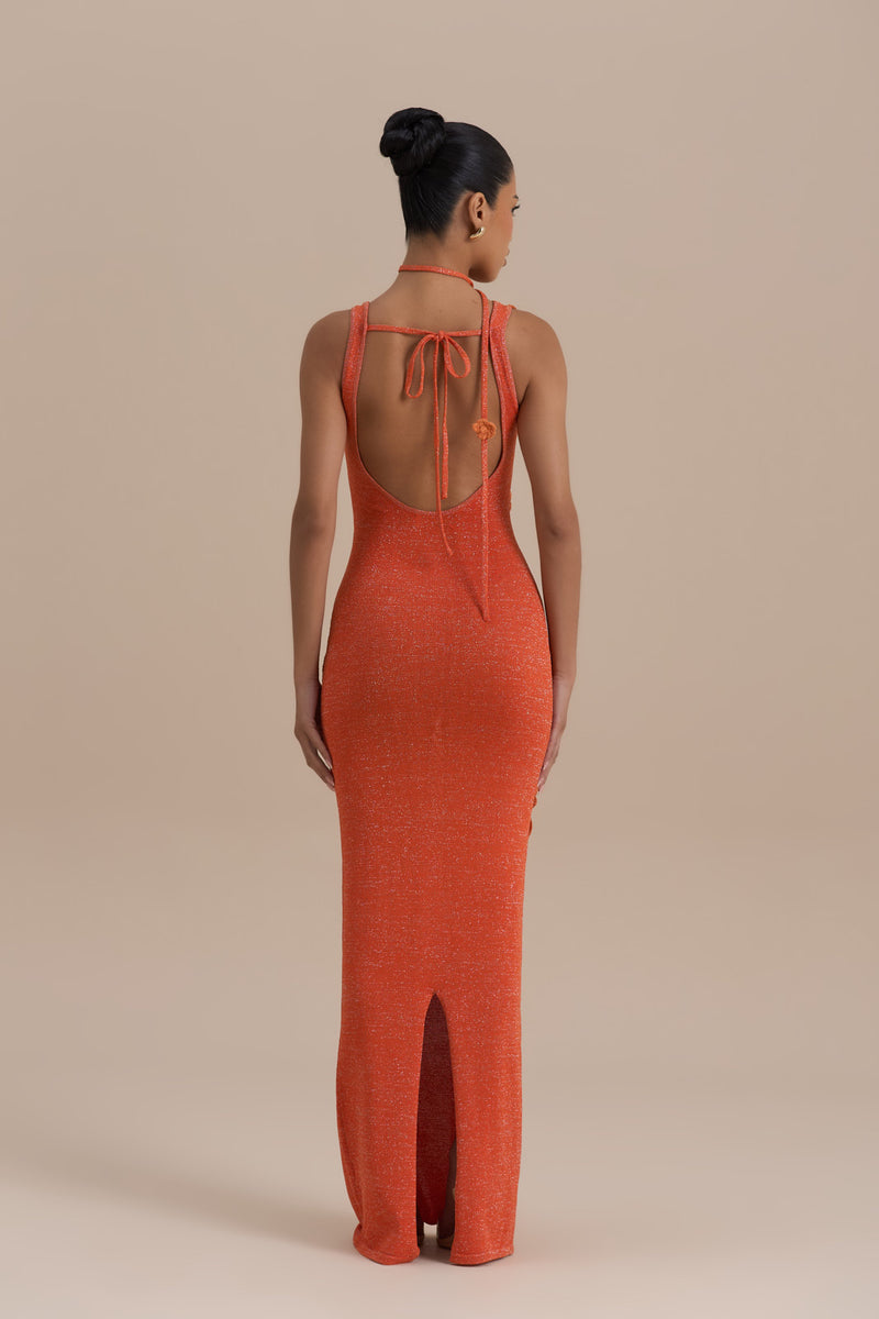EDEN KNITTED MAXI DRESS WITH FLORAL APPLIQUÉ | ORANGE