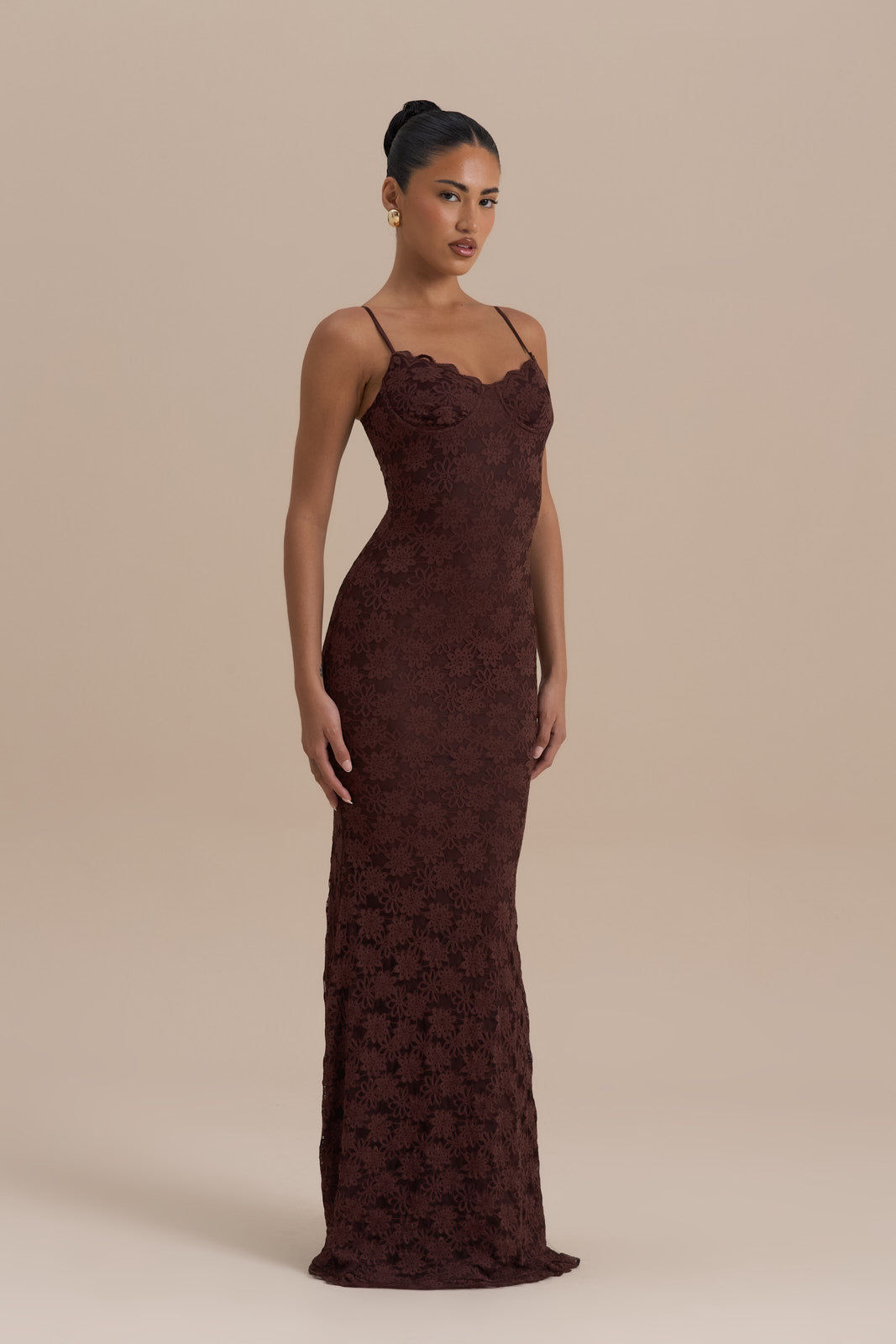 brown lace maxi dress Perfect Stranger Lilo Crafted from our premium lace in a rich brown hue Topshop Lace Ruched Front Drop