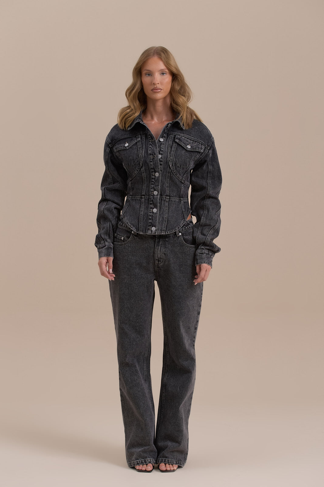 ALIX BUTTON UP CORSET JACKET | DARK WASH DENIM