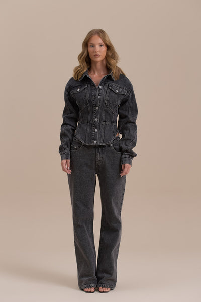 ALIX BUTTON UP CORSET JACKET | DARK WASH DENIM