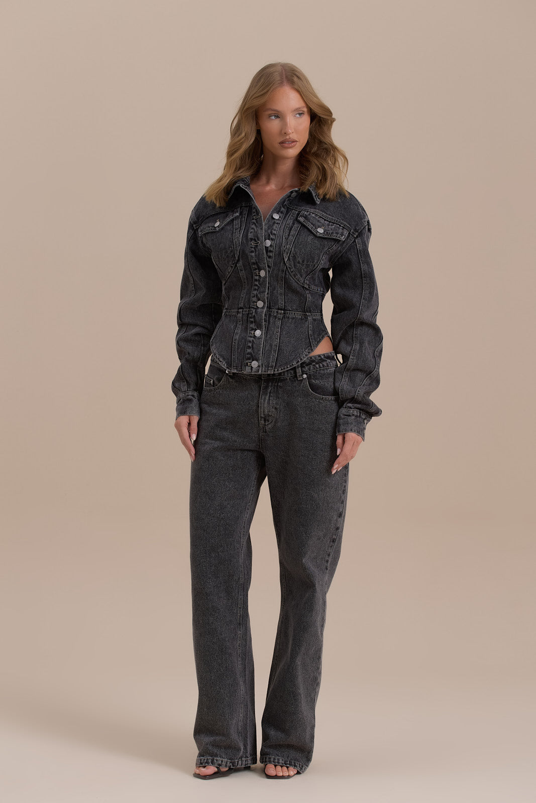ALIX BUTTON UP CORSET JACKET | DARK WASH DENIM