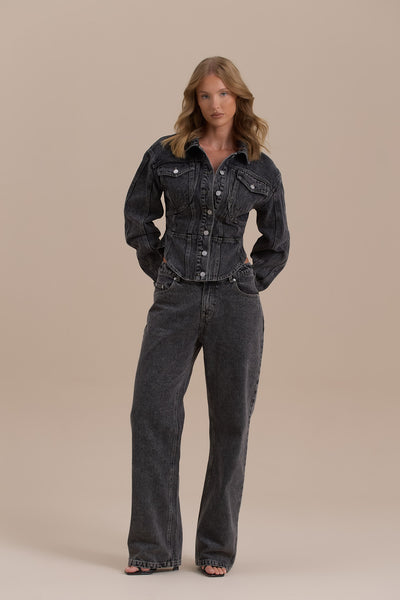 ALIX BUTTON UP CORSET JACKET | DARK WASH DENIM