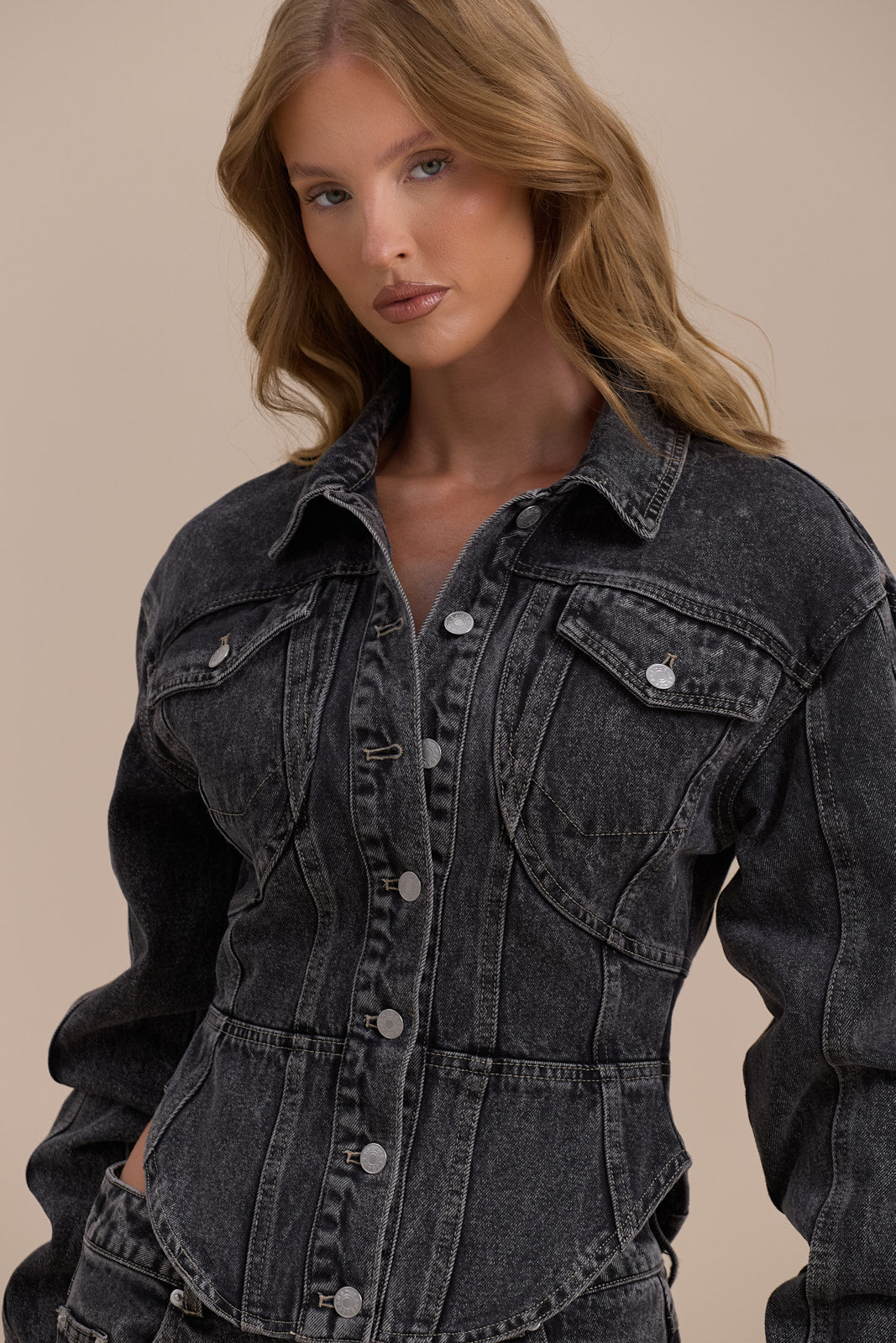 ALIX BUTTON UP CORSET JACKET | DARK WASH DENIM