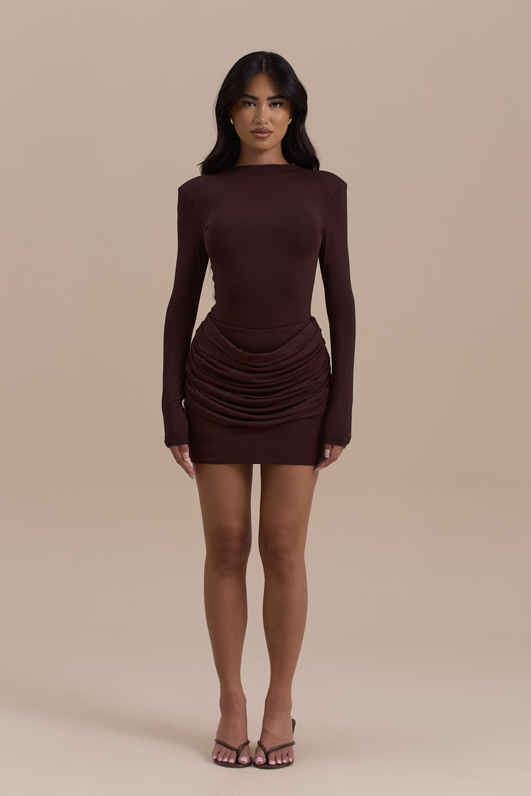 ASHTIN MINI SKIRT WITH DRAPED RUCHED FRONT DETAIL | ESPRESSO