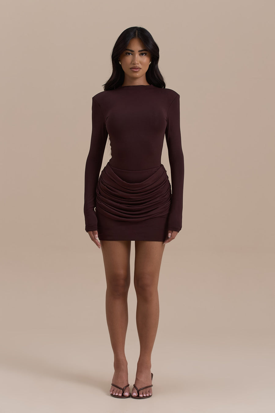 ASHTIN MINI SKIRT WITH DRAPED RUCHED FRONT DETAIL | ESPRESSO